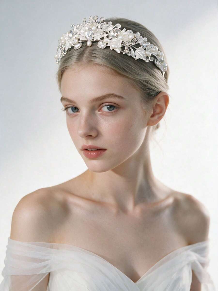 1pc Grace Fashionable & Exquisite Alloy Crown Headband For Wedding Party Decoration For Women Elegant Tiaras - Silver - View 1