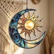 Décoration suspendue en acrylique peint Soleil & Lune, suspension de fenêtre bohème Soleil Lune, décoration de fenêtre de balcon de maison transmettant la lumière, pendentif en verre coloré vintage captant la lumière, cadeau de décoration murale douce de style guérisseur pour chambre - A - Voir 1