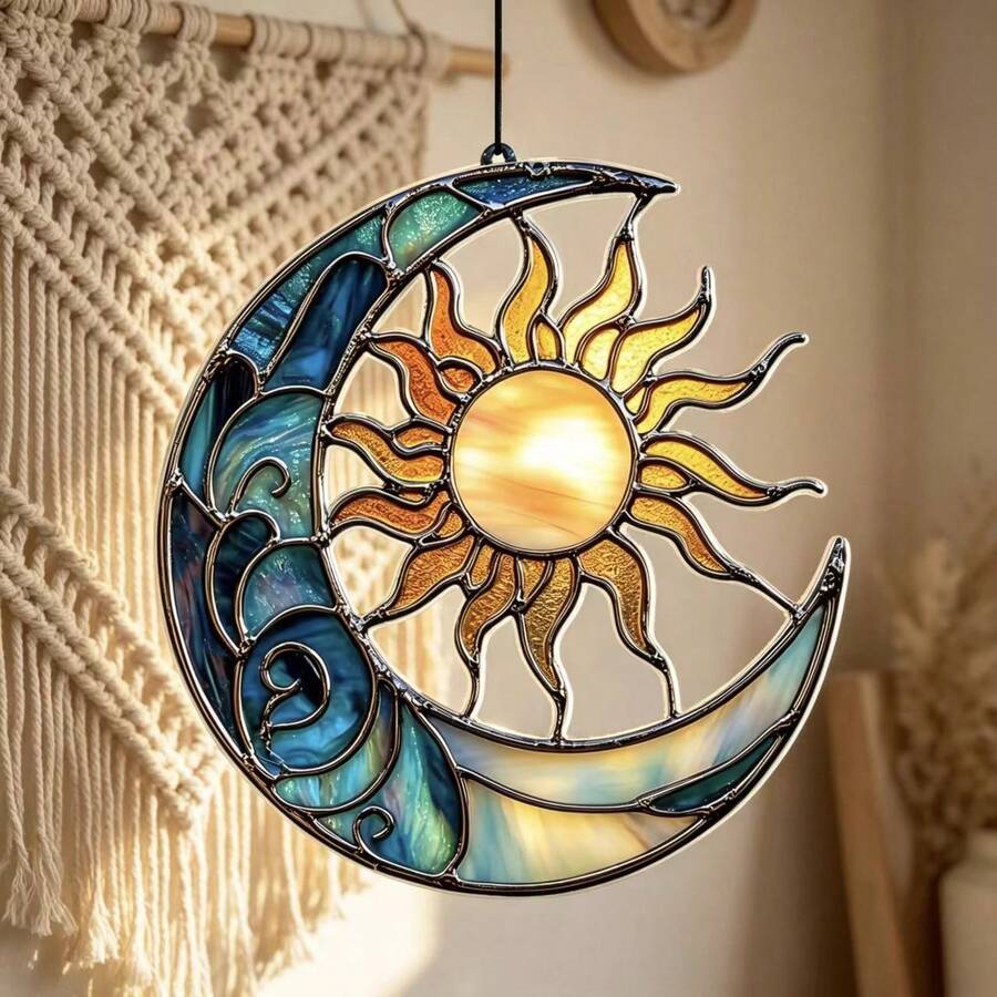 Décoration suspendue en acrylique peint Soleil & Lune, suspension de fenêtre bohème Soleil Lune, décoration de fenêtre de balcon de maison transmettant la lumière, pendentif en verre coloré vintage captant la lumière, cadeau de décoration murale douce de style guérisseur pour chambre - A - Voir 1