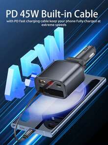 YITUMU Cargador de coche retráctil de 45W con pantalla LED, cargador rápido de teléfono para coche 4 en 1, con cables Tipo-C y para múltiples dispositivos, regalo práctico para conductores, accesorio esencial para el coche - A - Ver 9