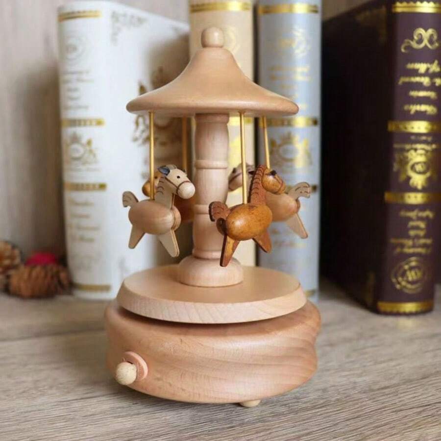 1pc 2D Flat Printed Acrylic Simulated Wooden Horse Music Box Ornament, Christmas Table Decor Gift, Home Decor, Kitchen Decor, Room Decor, Party Decor, Decorative Craft, Desk Ornament, Dining Table Decor Ornament - Beige - View 1