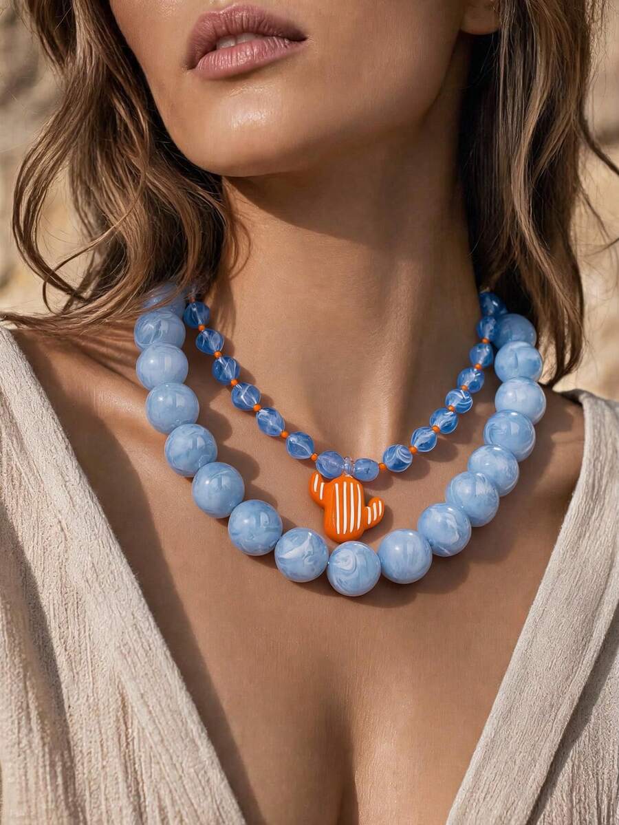 1pc Blue Resin Bead Layered Necklace Set - Light Blue Marble Textured Bead Choker Necklace With Cactus Pendant, Bohemian Summer Fashion Accessory - Multicolor - View 1