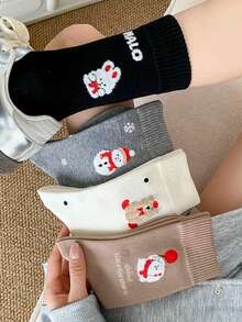 4 Pairs Christmas Reindeer Vintage Women's Mid-Calf Socks, Warm And Comfortable, Christmas Party Theme, Randomly Shipped (No Gift Box) - Multicolor - View 2