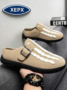 Khaki Men's Loafers Halloween New Color Striped Skull Closed-Toe Slippers Comfortable All-Season New Style Skate Shoes Men's Fashion Shoes Niche Design Slip-On British Style Shoes Business Casual Daily Walking Shoes, Vintage Round Toe Thick Sole Men's Formal Shoes Fashion Durable Casual Men's Shoes Plus Size Slouchy Shoes - Khaki - View 7