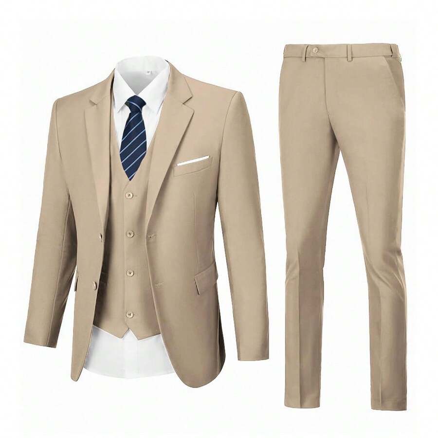 Men's 3-Piece Slim Fit Formal Suit Set, Single-Breasted 2-Button Blazer, V-Neck Vest, Dress Pants, Spring/Summer Business Wedding Suit