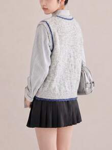 Women's Autumn Casual Minimalist Color Block Trim V-Neck Pullover Vest Fall - Light Grey - View 2