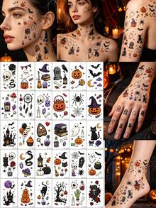 30pcs Halloween Temporary Tattoo Stickers - Colorful Realistic Fun Patterns: Spider, Pumpkin, Ghost, Cat, Witch, Bat, Etc. Waterproof Semi-Permanent, Suitable For Men And Women On Fingers, Arms, Behind Ears, Ankles, Collarbones, Etc. - Multicolor - View 7
