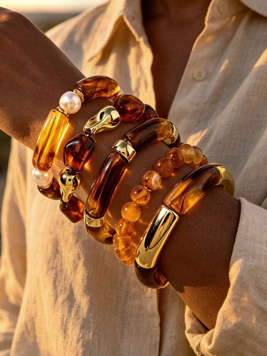 5pcs Multi-Layer Stackable Fashion Minimalist Elegant Exquisite Vintage Design Bohemian Style Colorful Resin Marrone Color Palette Geometric Asymmetrical Tie-Dye Pattern Beaded Patchwork Design Faux Pearl CCB Multi-Element Exaggerated Wide Chunky Elastic Bracelet Set, Holiday Vacation Party Date Gift, Daily Commute Wear, Personalized - Multicolor - View 1