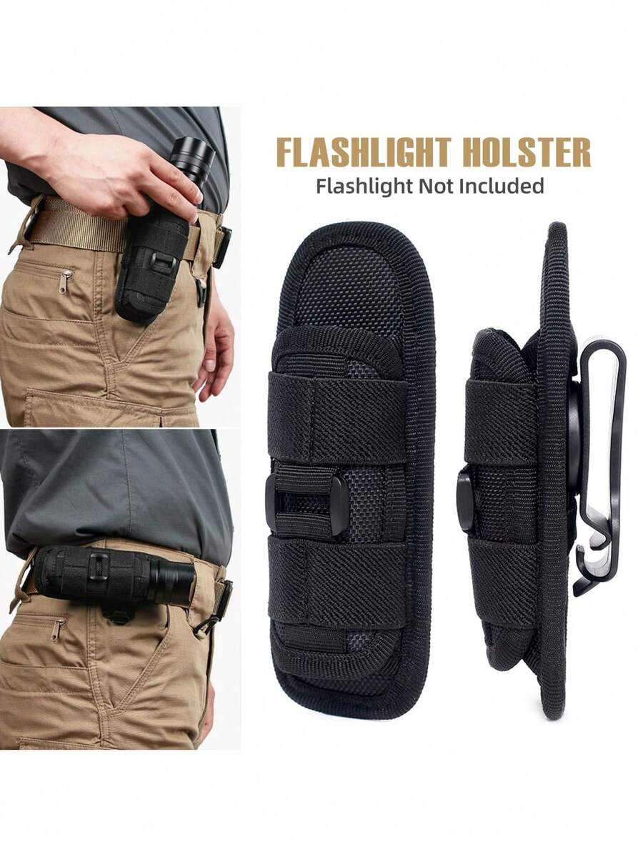 1件通用戰術手電筒腰掛套，快拆收納 + 360°旋轉免手持功能，適用於戶外露營夜間探險、安保巡邏、汽車維修夜間保養，高強度耐磨尼龍 + 彈性織帶材質，快抽開口設計 + 安全腰帶夾細節，便攜式戶外手電筒腰掛套