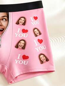 Celana Dalam Boxer Pria Model Pink Polyester dengan Bingkai Resleting Bergambar Wajah Wanita Terkejut dan Tulisan "I LOVE YOU" Berbentuk Hati Merah, Hadiah Romantis untuk Pasangan, Cocok untuk Pemakaian Sehari-hari - MultiWarna - View 5
