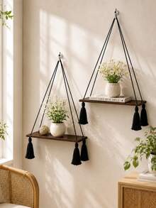 1pc Floating Wall Shelf Bohemian Style Woven Wooden Bedroom Wall Storage Rack Home Decor Room Decoration Storage Shelf Bathroom Storage Rack Bedside Bookshelf Key Holder Wall Decor Shelf Plant Stand Flower Rack Suitable For Living Room Balcony Entryway And Corner - Single Layer - View 2