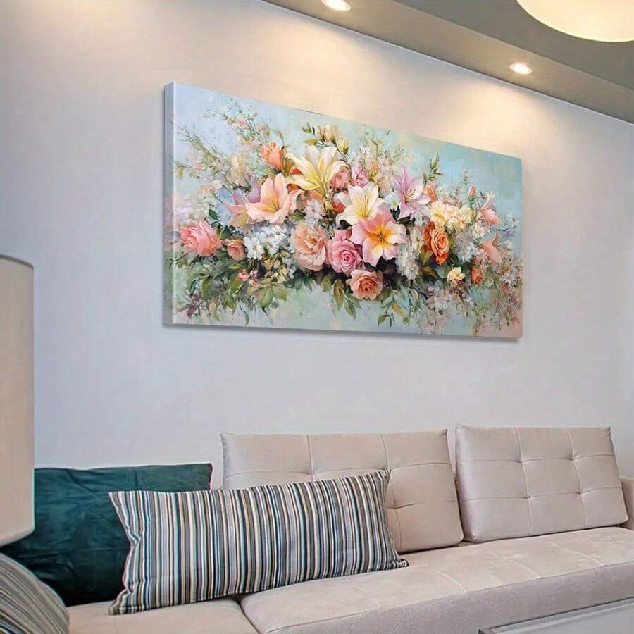 1pc Art Deco Floral Canvas Wall Art,Unframed Bouquet Poster, Roses & Lilies Colorful Ink Painting, Modern Farmhouse Style,Indoor Wall Hanging Decor For Living Room, Bedroom, Home Office, Classroom, Restaurants - Spring/Summer Theme - 111 - View 1