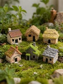 6pcs Random Mini Resin House Set, Handmade Resin Material, Vintage Style Thatched Cottage, Moss Stone House, Suitable For Micro Landscape, Bonsai, Outdoor Garden Landscape, Fairy Garden - Mini House - View 4