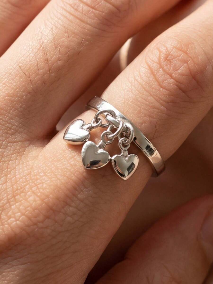 1Pc Minimalist Unique Silver Heart Pendant Ring For Women Suitable For Daily Wear Party And Dating Perfect Jewelry Gift For Birthday. - Silver - View 1