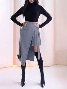 Women's Elegant Solid Color High Waist Versatile Daily Skirt - Dusty Blue - View 4