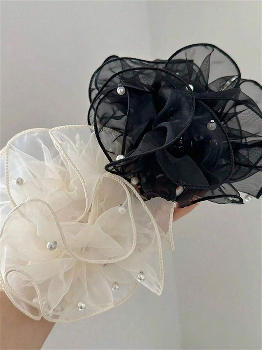 2pcs/1pc Women's Spring/Summer French Vintage Organza Pearl Scrunchie Hair Tie Fashion High-End Hair Accessory Suitable For Daily Use - Multicolor - View 1