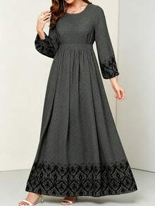 YI XUAN Women's Cashew Print Round Neck Lantern Sleeve Elegant Arabian Dress Black Fall - 黑色 - 查看 2