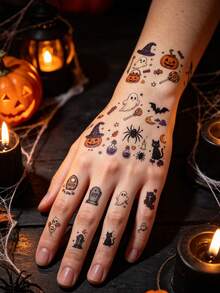 30pcs Halloween Temporary Tattoo Stickers - Colorful Realistic Fun Patterns: Spider, Pumpkin, Ghost, Cat, Witch, Bat, Etc. Waterproof Semi-Permanent, Suitable For Men And Women On Fingers, Arms, Behind Ears, Ankles, Collarbones, Etc. - Multicolor - View 3