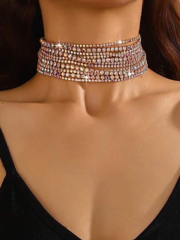 1 pièce pièce Collier multi-couches en strass colorés et cristaux scintillants, chaîne de cou polyvalente et à la mode pour robe de soirée