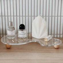 1 buah Nampan Akrilik Transparan Premium untuk Perhiasan & Kosmetik, Nampan Penyimpanan Dekoratif dengan Pola Geometris Elegan untuk Rumah, Kamar Mandi, Kosmetik, Perhiasan, Parfum, Minyak Esensial | Alas Kayu - Putih - View 1