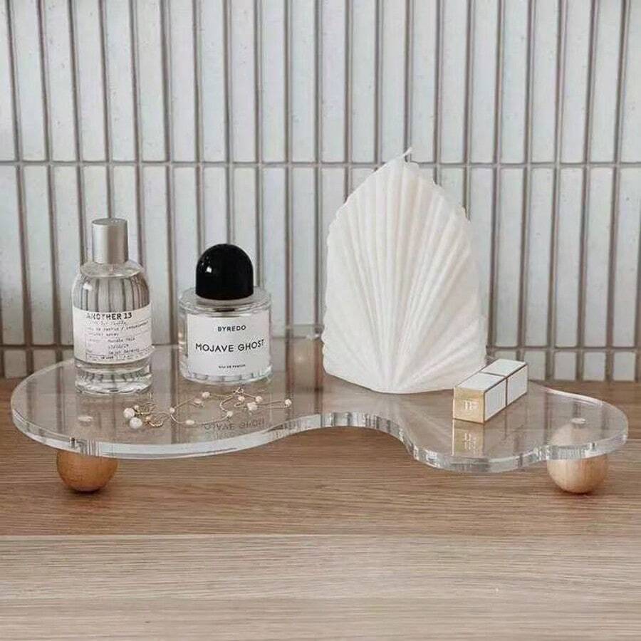 1 buah Nampan Akrilik Transparan Premium untuk Perhiasan & Kosmetik, Nampan Penyimpanan Dekoratif dengan Pola Geometris Elegan untuk Rumah, Kamar Mandi, Kosmetik, Perhiasan, Parfum, Minyak Esensial | Alas Kayu - Putih - View 1