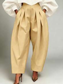 HUTENER Plus Size Solid Color Pleated Wide Leg Casual Pants - Loose Fit Fashion - Brown - View 1
