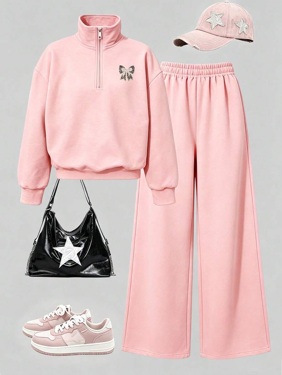 2pcs/Set Girls Embroidered Bow Print Half-Zip Sweatshirt & Pants Set, Autumn/Winter Fashion Comfortable Outfit - Pink - View 1