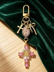 Christian Keychain With Pink Rhinestone Cross, Bow And Virgin Mary Decoration - Cross Keychain, Bag Charm, Cross Pendant, Wallet Backpack Accessory, Earphone Case Accessory, Luggage And Car Decor Keychain, Suitable As Birthday Gift, Back To School Gift, Teacher's Day Gift - Multicolor - View 6