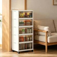Armário Organizador Multiuso Dobrável 5 Andares Largura 48cm Cor Branco Creme, Portas Semitransparentes Fumê, Travas Laterais Empilháveis, Rodinhas Giratórias 360° com Sistema de Trava, Armazenamento à Prova de Poeira, Ideal para Roupas, Cosméticos, Brinquedos, Utensílios Domésticos, Livros,Quarto,  Cozinha e Sala - Visão 3