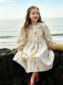 Girls' Fresh Colorful Ditsy Floral Long Sleeve Dress, Lively And Cute, Elegant And Simple, Suitable For Vacation, Beach And Outdoor Wear - Multicolor - View 3