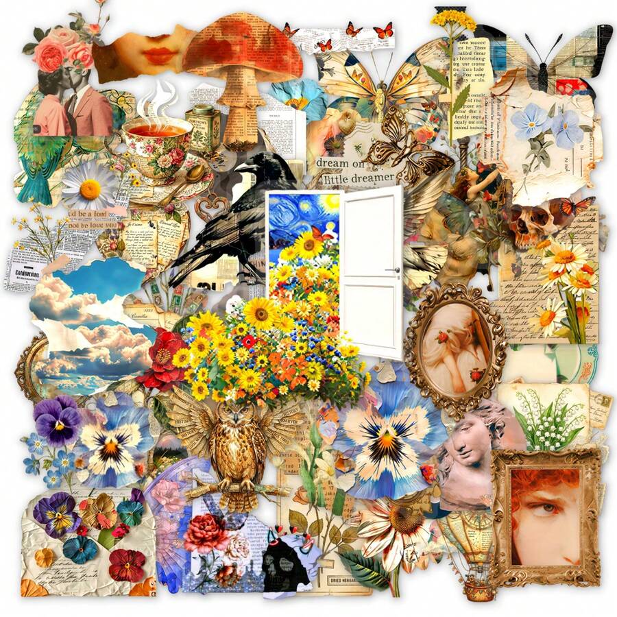 50pcs Vintage Mixed Paper Stickers, Waterproof Retro Floral & Antique Pattern Stickers, Suitable For DIY Scrapbooking, Notebooks And Daily Items Personalized Decoration - A - View 1