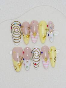10pcs Handmade Oval False Nails, DIY Wearable Nails, Acrylic Long Nails, Pink Plaid Yellow French Tip, Spiral Nail Art, Rhinestone Decor, 3D Star, Suitable For Summer, DIY, Party, Vacation, Date, Women Girls Gift, Nail Art Supplies - Multicolor - View 1