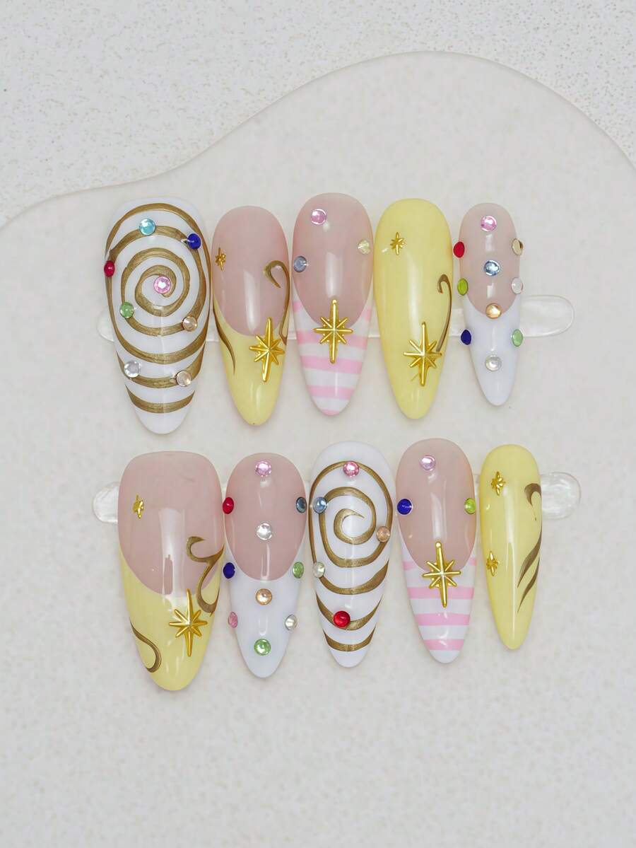10pcs Handmade Oval False Nails, DIY Wearable Nails, Acrylic Long Nails, Pink Plaid Yellow French Tip, Spiral Nail Art, Rhinestone Decor, 3D Star, Suitable For Summer, DIY, Party, Vacation, Date, Women Girls Gift, Nail Art Supplies - Multicolor - View 1