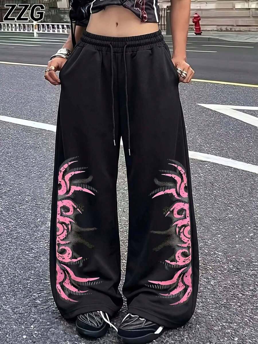 ZZG 春夏女款趣味「Dark Thorn」圖案印花街頭通勤 Y2K 風格黑色前口袋簡約日常直筒長褲 - 黑色 - 查看 1