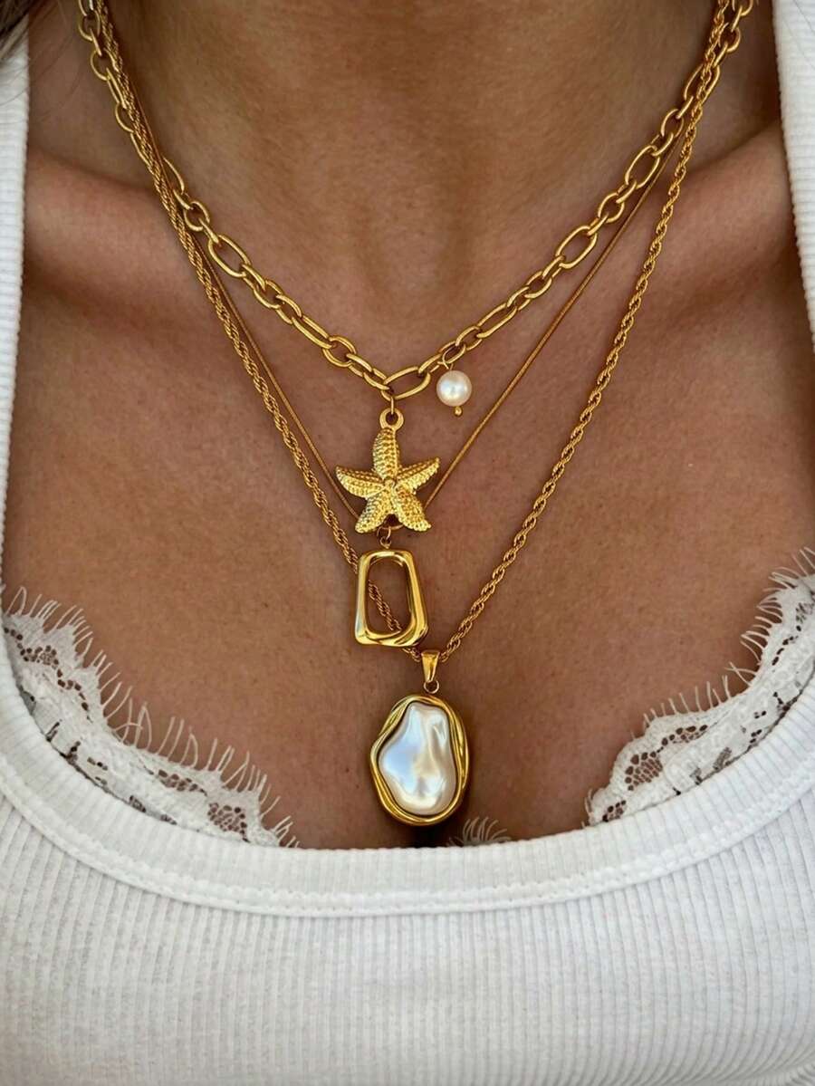 17KM 3pcs Fashion Versatile Bohemian Alloy Starfish Geometric Asymmetrical Vacation Party Date Gift Daily Wear - Yellow Gold - View 1