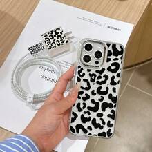 New 6pcs Black Leopard Print Metal Frame Phone Case + Charging Head Protector + Data Cable Protector + Storage Rope + Data Cable Winder - Clear - View 4