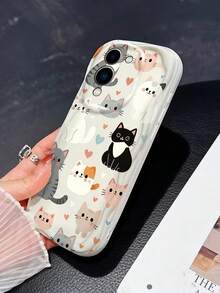 1 buah Casing Ponsel Lucu dengan Tepi Bergelombang, Motif Kartun Kucing dan Hati, Bahan TPU Lembut, Tahan Guncangan, Kompatibel dengan Ponsel Seri 1000. - Putih - View 4