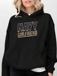 Navy Blue Girlfriend-Style Patterned Hoodie,Cool And Stylish Loose Casual Fit,Very Suitable For Parties,Strolling On Campus And Daily Commuting,Featur - 黑色 - 查看 2