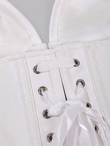 Yuwenier Vintage PU Tank Top, Deep V-Neck, Asymmetrical Hem, Perforated Eyelet Lace-Up Backless Halter Top White - White - View 11