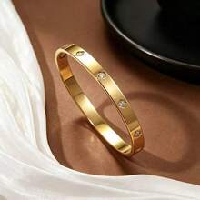 3Pcs Gold Stackable Bracelet Set, Rhinestone Bangle, Solid & Hollow Clover Chain Bracelets For Women - Gold - View 5