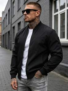 1pc Outdoor Sports Casual Stand Collar Baseball Jacket, Solid Color Zipper Jacket, Regular Fit Black - Black - View 2