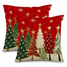 2PCS Red Christmas Tree With Gold Star And Snowflake Square Pillowcase, Winter Holiday Country Christmas Home Decor Cushion Cover, Single-Sided, Pillow Not Included - Red - View 8