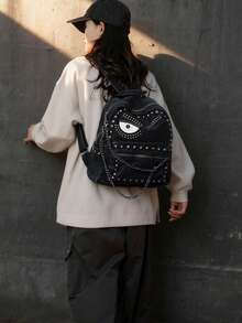 Punk Denim Backpack With Eye Print And Studded Chain Decor Casual Fashion Daypack For Streetwear Enthusiasts Daily Use(Without Iron Chains) - Black - View 3