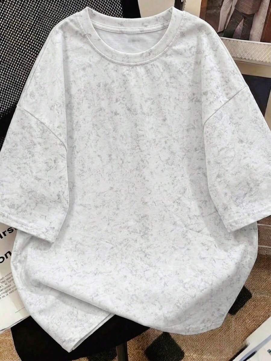1 pieza Camiseta de moda para mujer de verano con cuello redondo, holgada, casual, de manga corta, tela teñida con nudo lavada, para oficina, campus, uso diario, reuniones, vacaciones en neg - Blanco - Ver 1