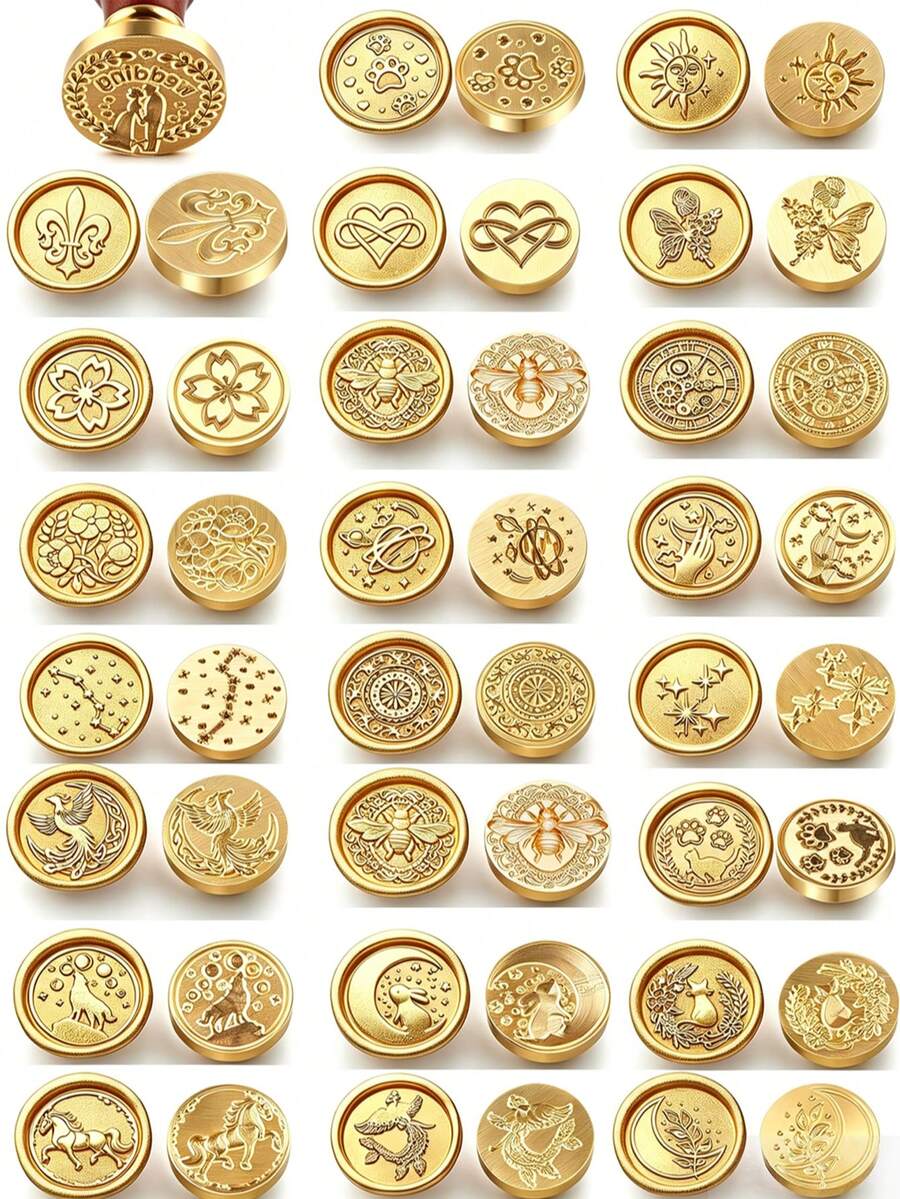 1 đầu đóng dấu bằng đồng thau (không bao gồm cán), các họa tiết bao gồm hình trái tim, động vật (mèo, ngựa, chó, ong, côn trùng), sao, trăng, thích hợp để đóng dấu lên thiệp mời cưới, phong bì và bao bì quà tặng. - mảnh đơn - Xem 1