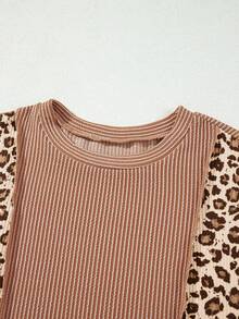 Acelitt Women's Ribbed Knit Leopard Print Patchwork Top, Long Sleeve Crew Neck Casual Pullover, Suitable For Spring And Autumn - Multicolor - View 6