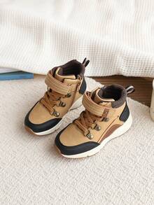 Contrast Color Kids Outdoor Hiking Ankle Boots, Hook And Loop Lace-Up Work Boots, Non-Slip Thick Sole, Unisex Children's Autumn/Winter Hiking Boots - Khaki - View 2