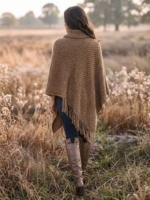 SEREN Vintage High Neck Button Tassel Knit Cape, Loose Asymmetrical Shawl Cover Up, Autumn/Winter Fashion - Khaki - View 2