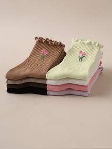 4/8 Pairs Sweet Style Tulip Floral Frill Trim Women's Mid-Calf Socks - Multicolor - View 10
