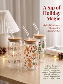 1 pièce Tasse en verre transparent avec couvercle en bambou et paille en verre, 3 motifs floraux de Noël, bonhomme en pain d'épices des fêtes, canne de bonbon, sapin de Noël, imprimé nœud, tasse à boire réutilisable scellée pour café glacé, cadeau de fête de Noël pour la maison en hiver - Multicolore - Voir 7